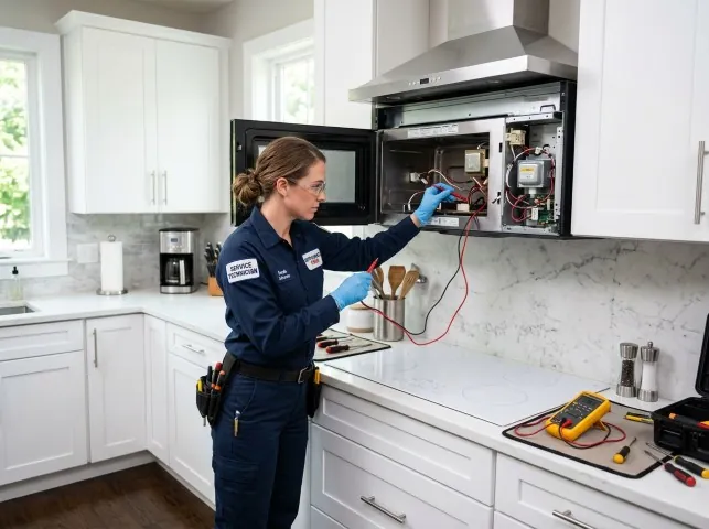 Appliance Repair Hero technician testing an over-the-range microwave in a Battleboro, NC kitchen